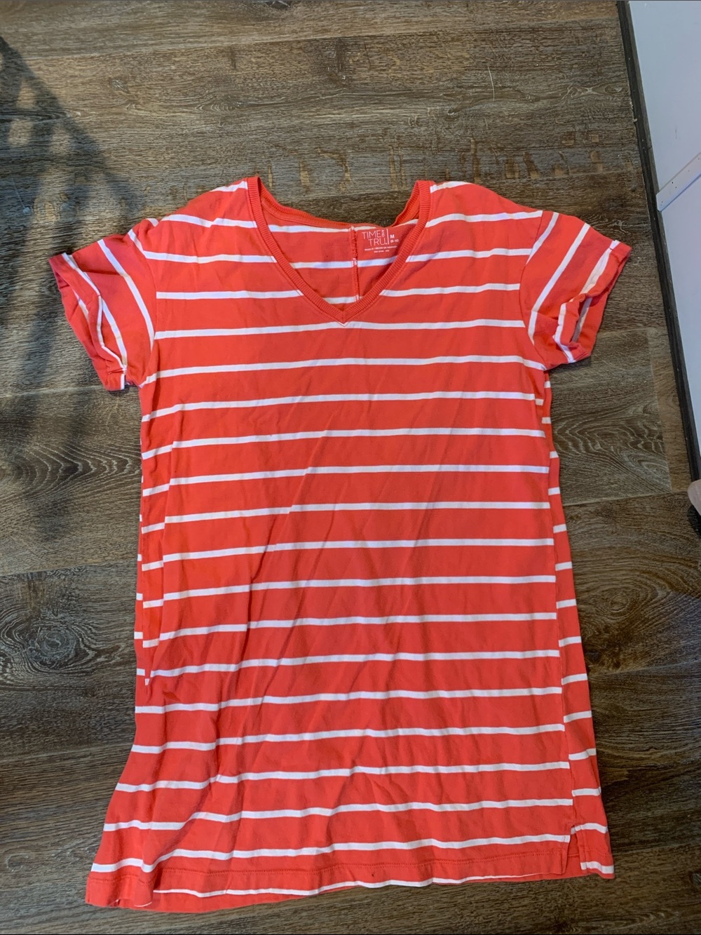 #134Time and Tru Coral and White Striped V-Neck Midi Dress